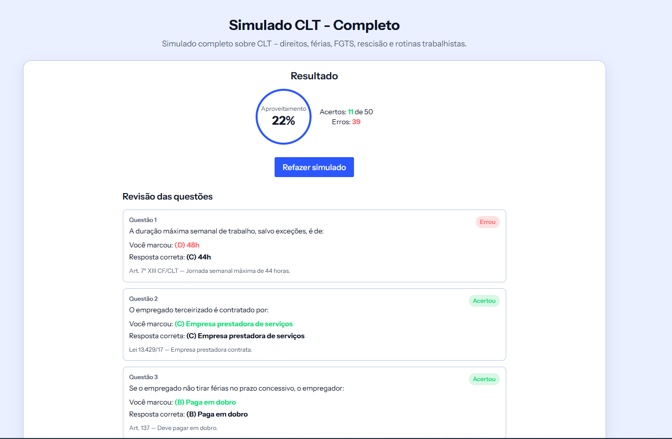Imagem demonstrativa da tela de resultados Simulados Brasil